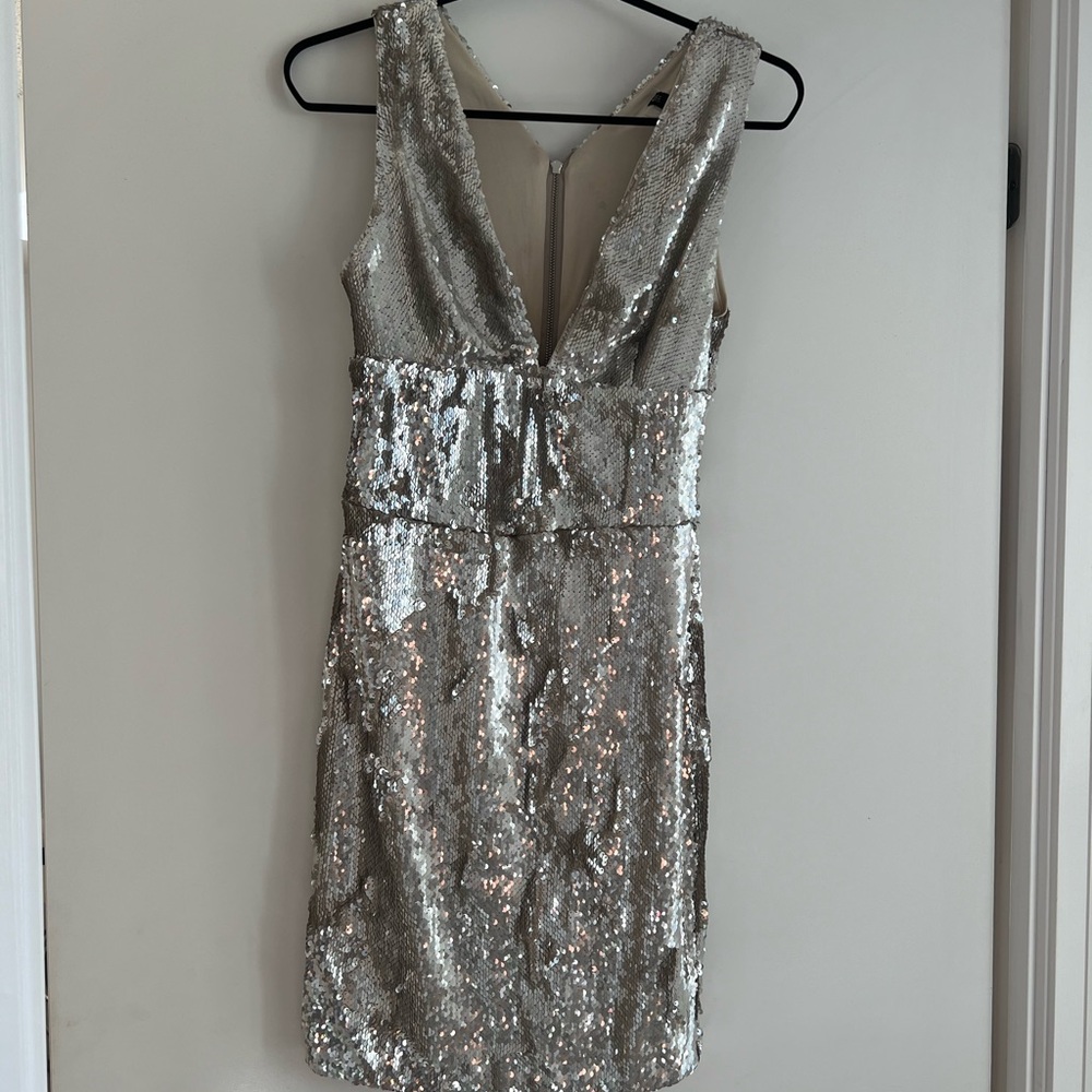 Zara Silver Sleeveless Deep V-Neck Sequin Mini Party Dress